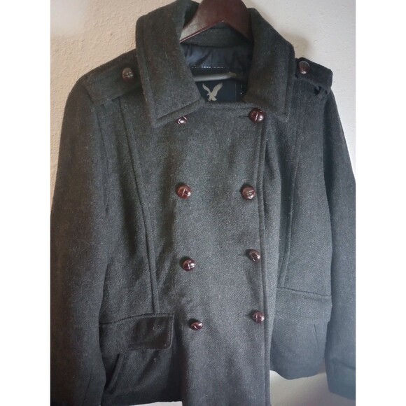 Y2K American Eagle Women's Wool Blend Double Breasted Peacoat XL Black - Picture 1 of 8